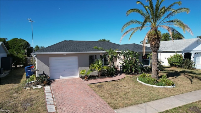 ranch-style house featuring a garage and a front lawn