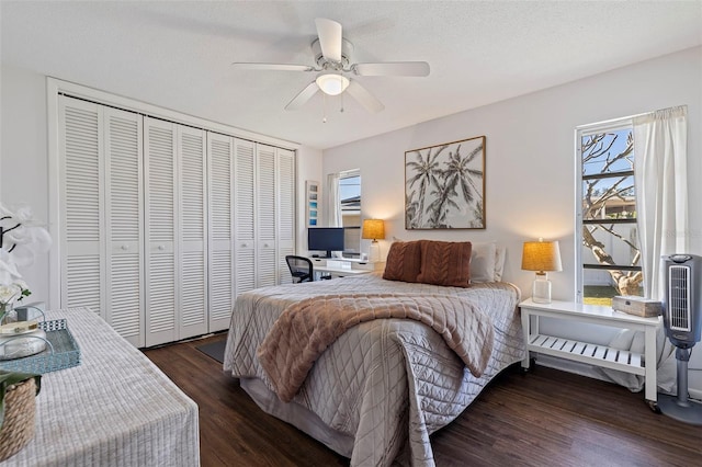 bedroom with a textured ceiling, a closet, ceiling fan, and dark wood-type flooring