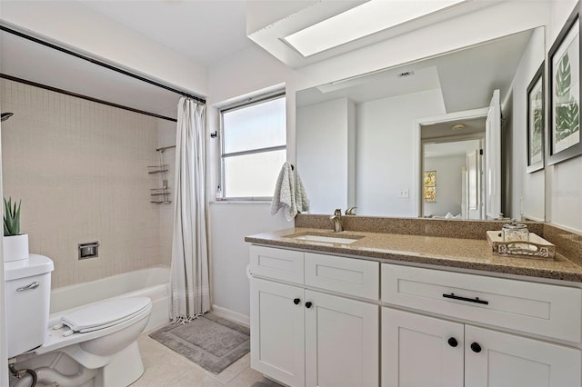 full bathroom with tile patterned flooring, shower / bath combo, vanity, and toilet