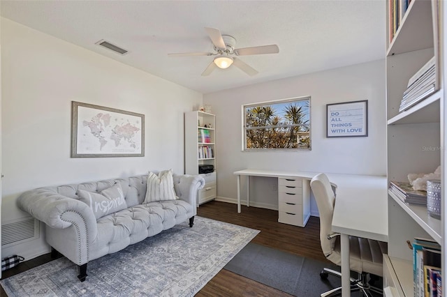 office area with ceiling fan and dark wood-type flooring