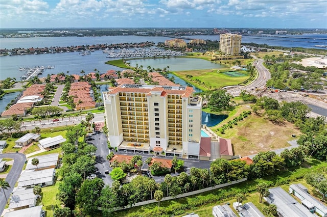 birds eye view of property featuring a water view