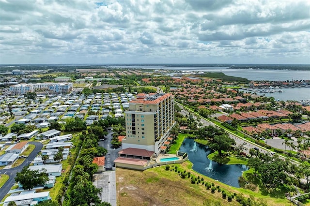 bird's eye view with a water view