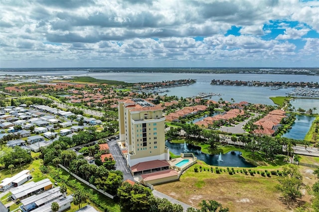 aerial view featuring a water view