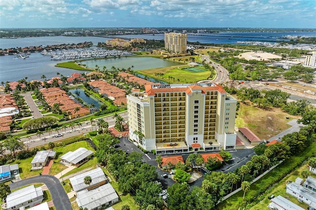 drone / aerial view featuring a water view