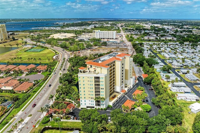 drone / aerial view with a water view