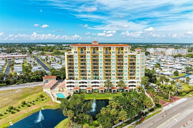 drone / aerial view featuring a water view