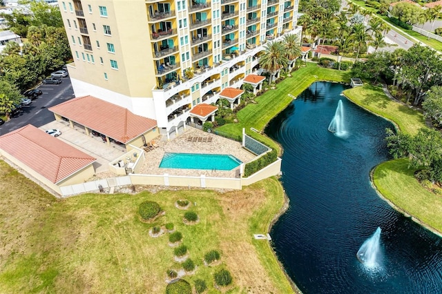 aerial view featuring a water view