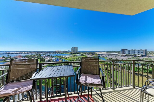 balcony featuring a water view and a view of city