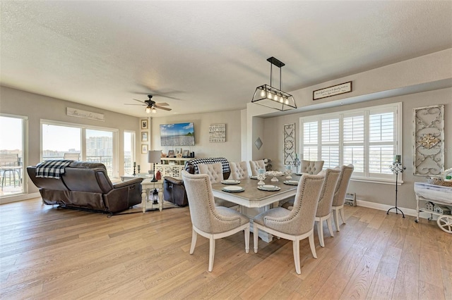 dining room featuring ceiling fan, light wood finished floors, baseboards, and a textured ceiling