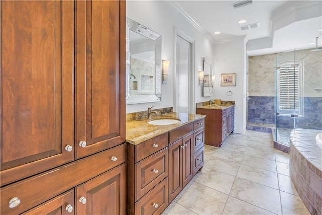 bathroom with tile patterned floors, vanity, separate shower and tub, and ornamental molding