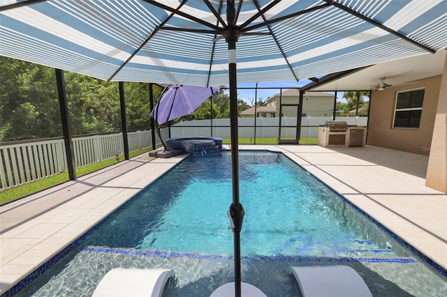 view of pool with grilling area, an outdoor kitchen, ceiling fan, an in ground hot tub, and a patio