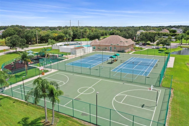 view of basketball court featuring tennis court