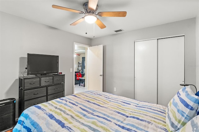 bedroom with ceiling fan and a closet