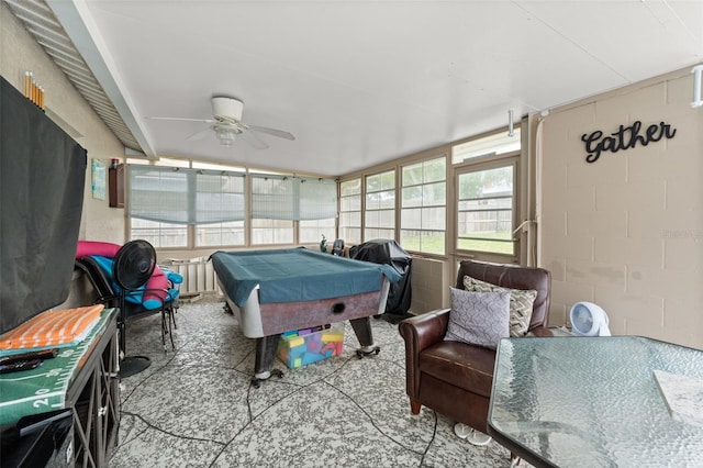 recreation room featuring ceiling fan