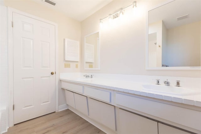 bathroom with hardwood / wood-style floors and vanity