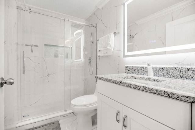 bathroom with vanity, toilet, an enclosed shower, and ornamental molding