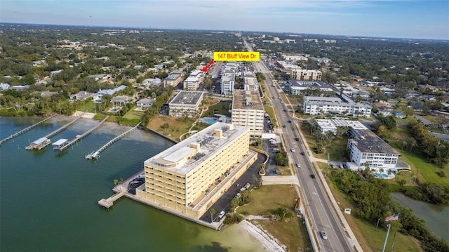 aerial view featuring a water view