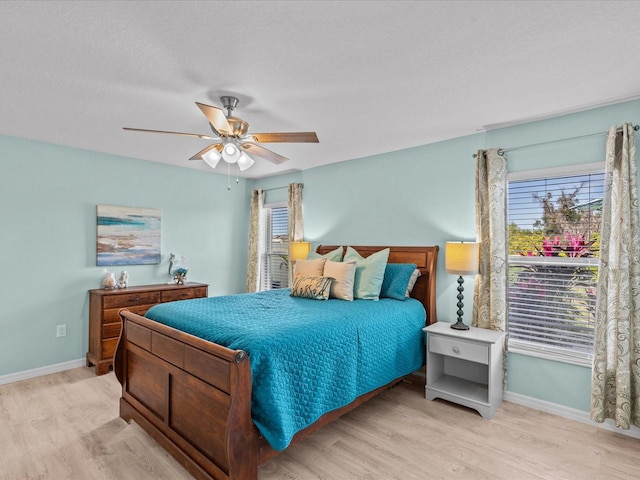 bedroom featuring ceiling fan and light hardwood / wood-style flooring