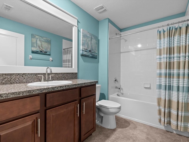 full bathroom featuring tile patterned flooring, shower / tub combo with curtain, vanity, and toilet