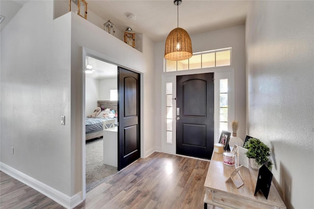 foyer with ceiling fan and hardwood / wood-style floors