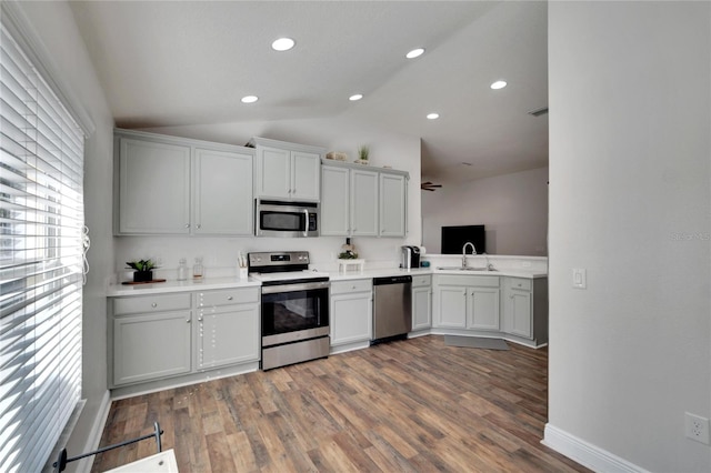 kitchen featuring dark hardwood / wood-style floors, sink, stainless steel appliances, and vaulted ceiling