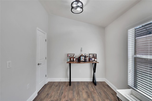 interior space featuring vaulted ceiling and dark wood-type flooring