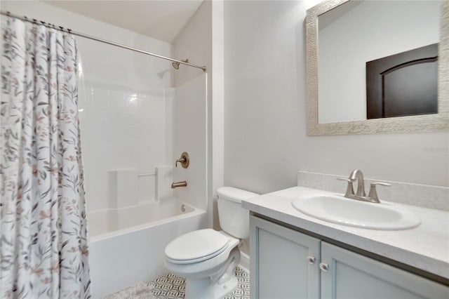 full bathroom with tile patterned flooring, shower / tub combo, vanity, and toilet