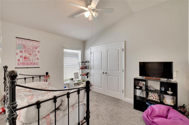 bedroom with light carpet, vaulted ceiling, and ceiling fan