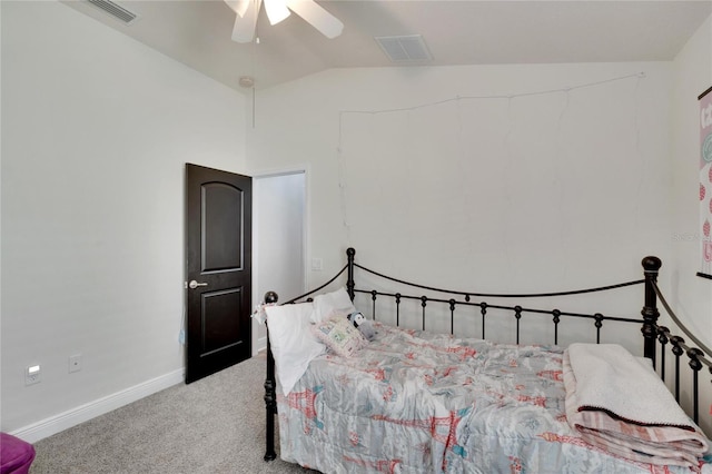 bedroom with carpet flooring, ceiling fan, and vaulted ceiling