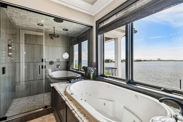 bathroom featuring crown molding, a water view, and shower with separate bathtub