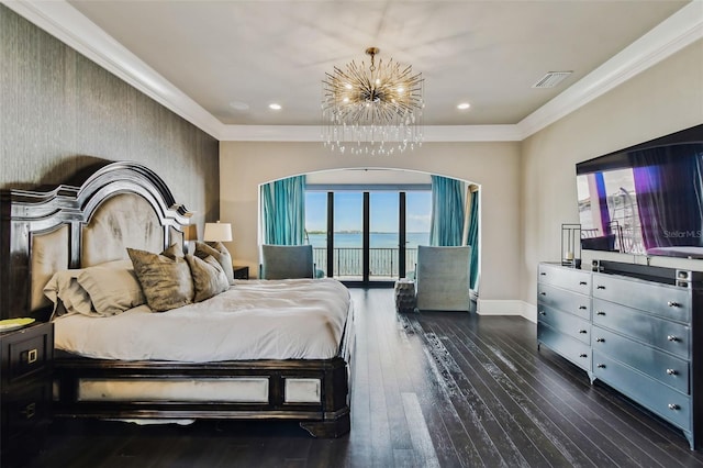 bedroom featuring access to exterior, a notable chandelier, dark hardwood / wood-style floors, and ornamental molding