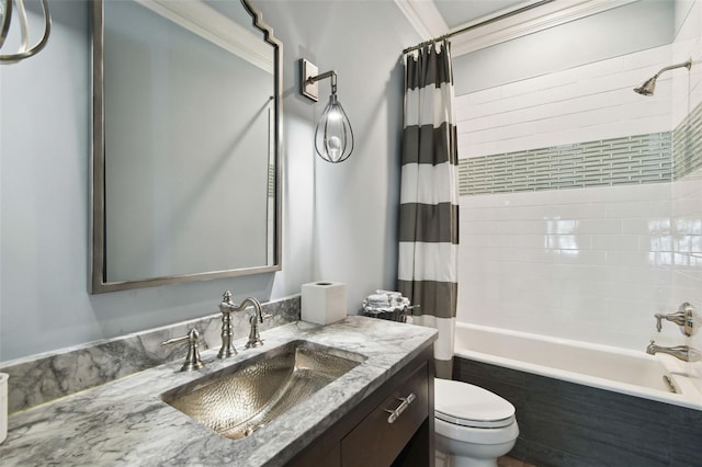 full bathroom with vanity, crown molding, shower / bathtub combination with curtain, and toilet