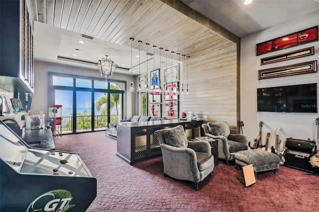 interior space featuring wood walls, wooden ceiling, and an inviting chandelier