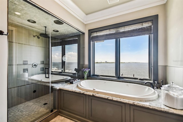 bathroom with crown molding, a water view, and independent shower and bath