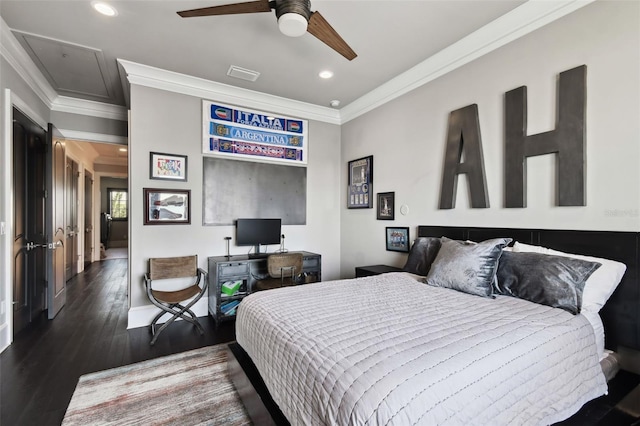 bedroom with ceiling fan, dark hardwood / wood-style floors, and ornamental molding