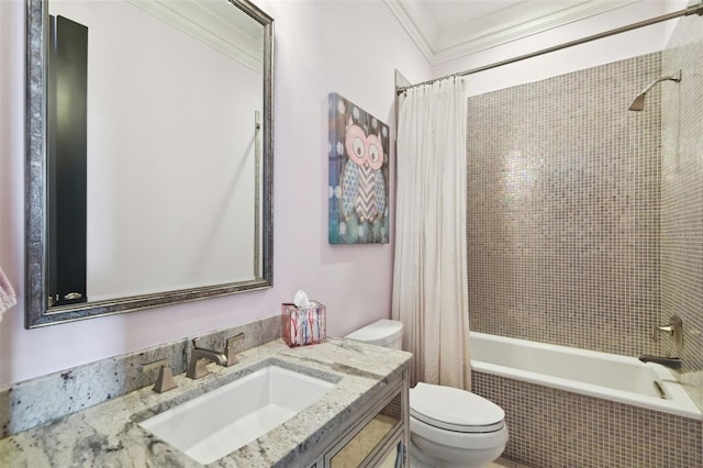 full bathroom with shower / bath combo, toilet, crown molding, and vanity