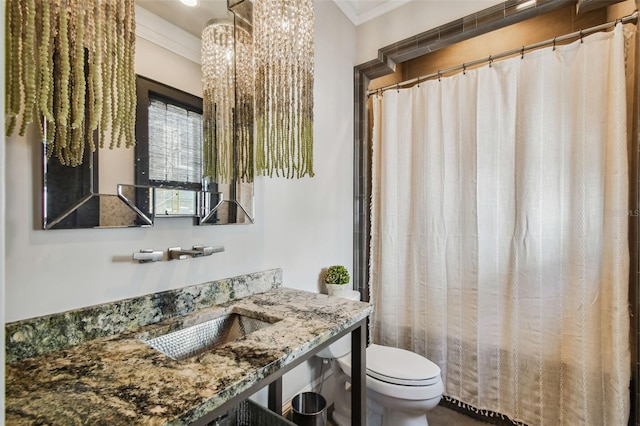 bathroom featuring toilet, vanity, and ornamental molding