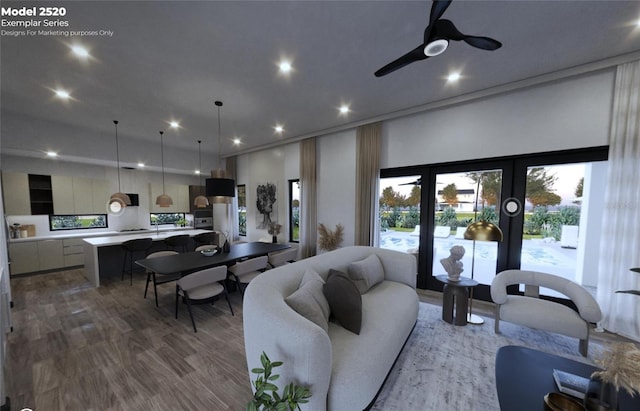 living room with ceiling fan, french doors, and hardwood / wood-style flooring