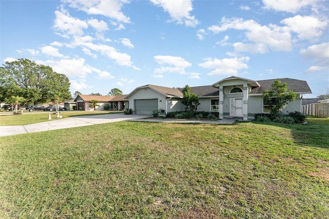 single story home with a front yard and a garage