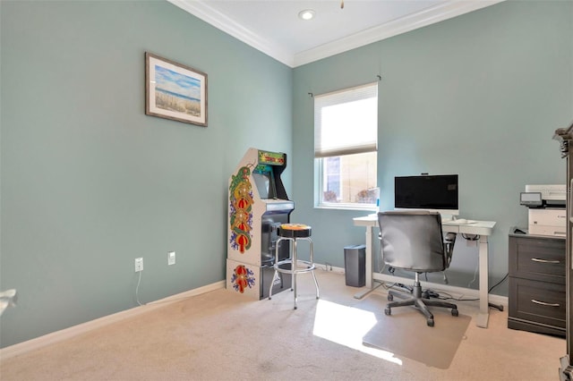 carpeted home office with crown molding