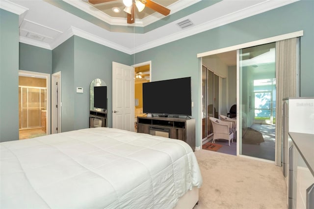 bedroom with crown molding, ceiling fan, carpet flooring, and a raised ceiling