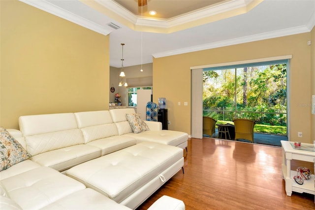 living room with a tray ceiling, wood-type flooring, and ornamental molding