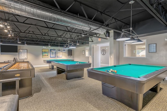 rec room with billiards and carpet