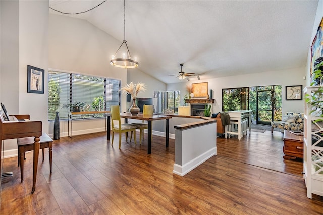 14631 Village Glen Cir, Tampa, FL 33618 - kitchen with a fireplace, hardwood / wood-style flooring, a ceiling fan, high vaulted ceiling, and pendant lighting