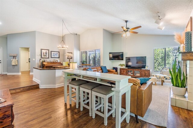 14631 Village Glen Cir, Tampa, FL 33618 - kitchen with plenty of natural light, wood finished floors, a ceiling fan, high vaulted ceiling, and a textured ceiling