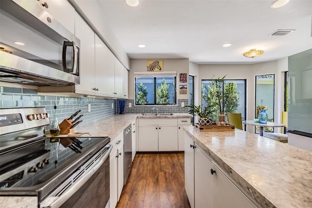 kitchen with a wealth of natural light, white cabinetry, dark hardwood / wood-style floors, and appliances with stainless steel finishes