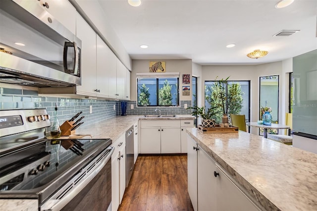 14631 Village Glen Cir, Tampa, FL 33618 - kitchen with stainless steel appliances, a sink, white cabinets, decorative backsplash, and dark wood-style flooring