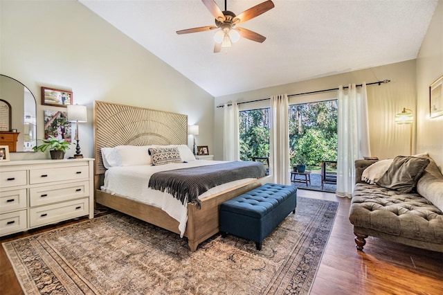 bedroom featuring high vaulted ceiling, ceiling fan, wood-type flooring, and access to outside