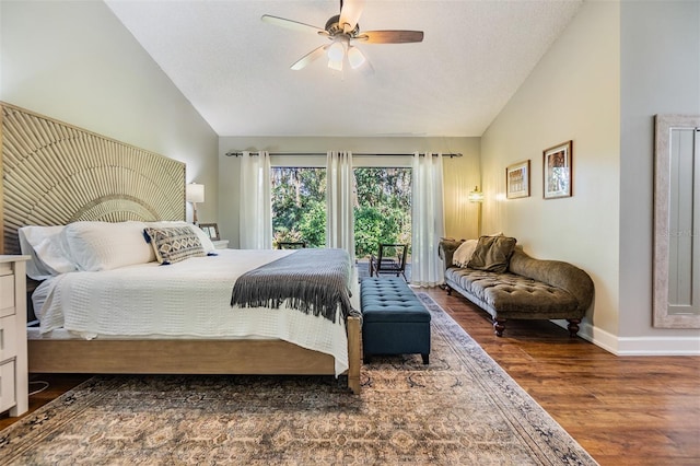14631 Village Glen Cir, Tampa, FL 33618 - bedroom featuring lofted ceiling, wood finished floors, baseboards, a ceiling fan, and access to exterior