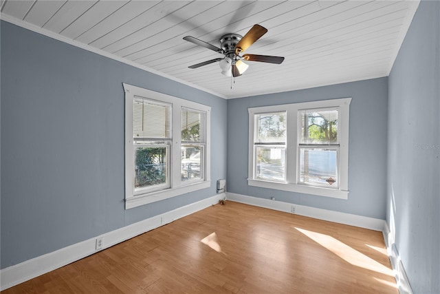 unfurnished room with wooden ceiling, ceiling fan, ornamental molding, and light hardwood / wood-style flooring